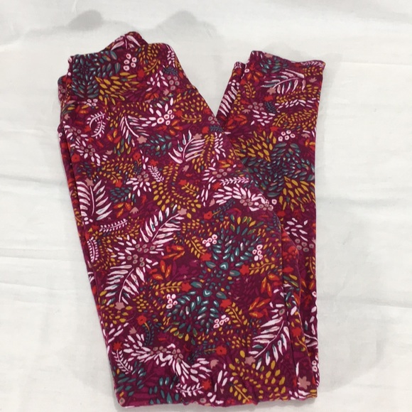 LulaRoe Floral Leaf Pattern Soft Leggings, Magenta - Picture 2 of 7